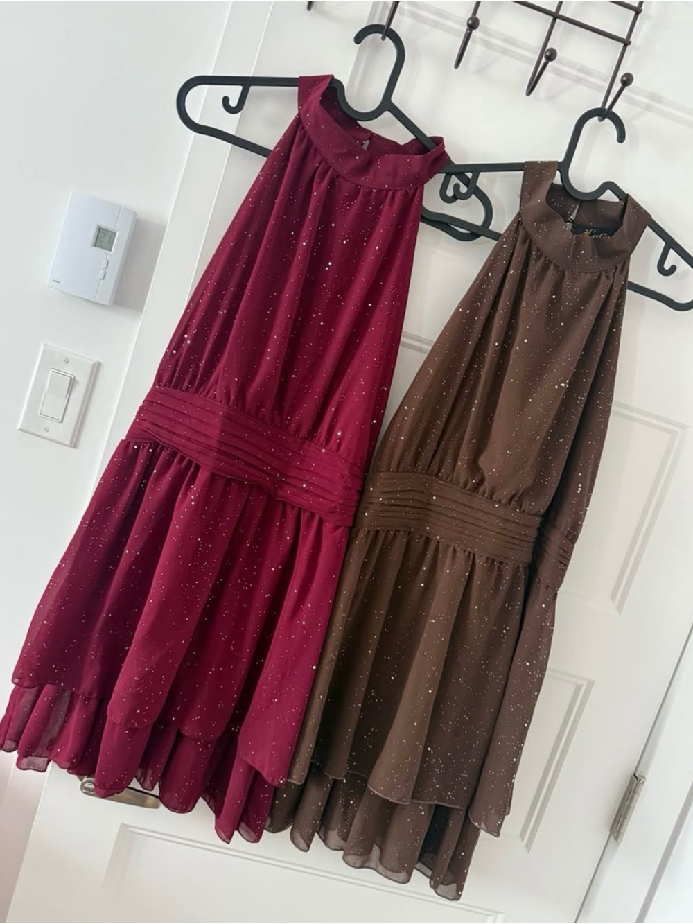 Women's Halter Ruffle Hem Dress - Burgundy and Brown - Set of 2